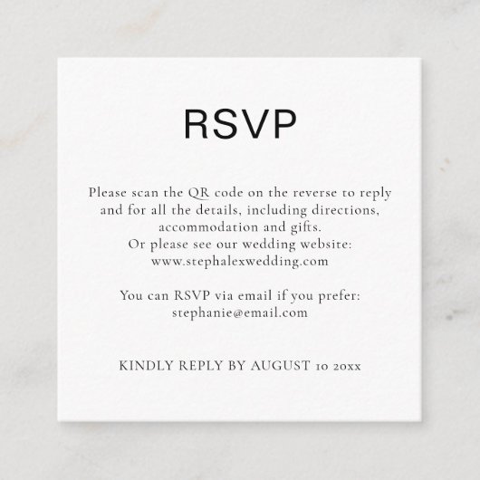 Eenvoudige Zwart Witte Tekst QR Code RSVP Informatiekaartje (Voorkant)