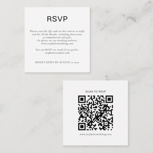 Eenvoudige Zwart Witte Tekst QR Code RSVP Informatiekaartje (Voorkant / Achterkant)