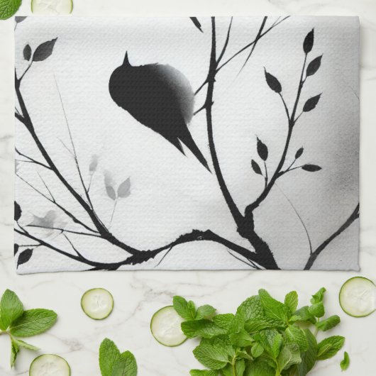 Eenvoudige zwart-witte vogels die in bomen zitten theedoek (Gevouwen)