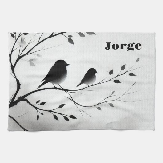 Eenvoudige zwart-witte vogels die in bomen zitten  theedoek (Horizontaal)