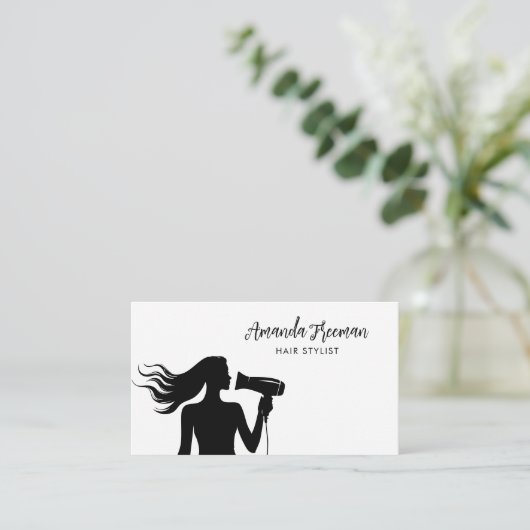 Eenvoudige zwart-witte vrouw silhouet kapper visitekaartje (Staand voorkant)