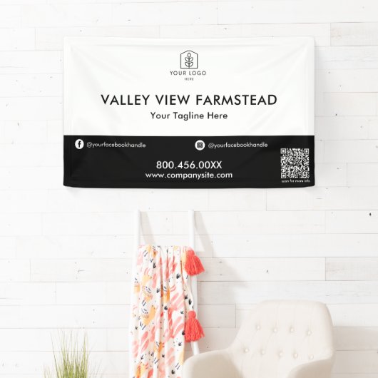 Eenvoudige Zwart Witte Zakelijk Logo QR Code Zakel Spandoek (Insitu)