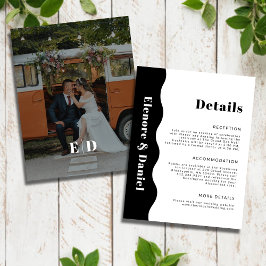 Eenvoudige zwart witte zijgolf foto bruiloft detai informatiekaartje