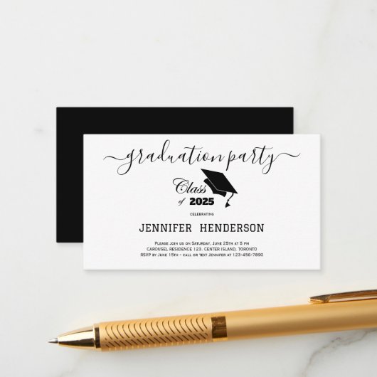 Eenvoudige zwarte afstudeerfeest klasse van 2025 informatiekaartje (Voorkant / Achterkant in situ)