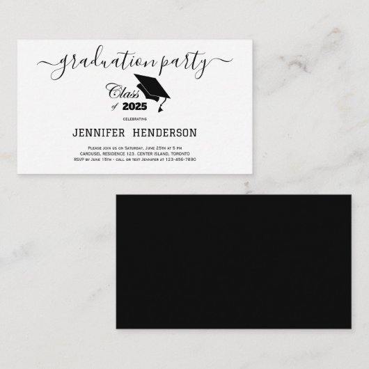 Eenvoudige zwarte afstudeerfeest klasse van 2025 informatiekaartje (Voorkant / Achterkant)