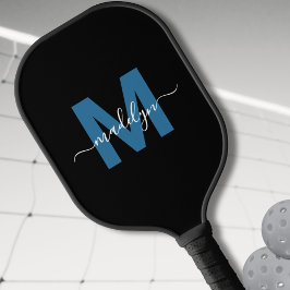 Eenvoudige Zwarte Blauwe Letter Naam Monogram Pickleball Paddle
