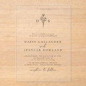 Eenvoudige Zwarte Bloemen Monogram Huwelijk Clear Acryl Uitnodigingen (Voorkant)