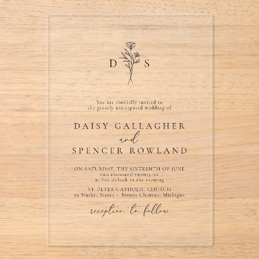 Eenvoudige Zwarte Bloemen Monogram Huwelijk Clear Acryl Uitnodigingen (Voorkant)