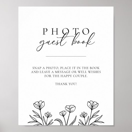 Eenvoudige Zwarte Bloemen Trouwfoto Gastboek Teken Poster (Voorkant)