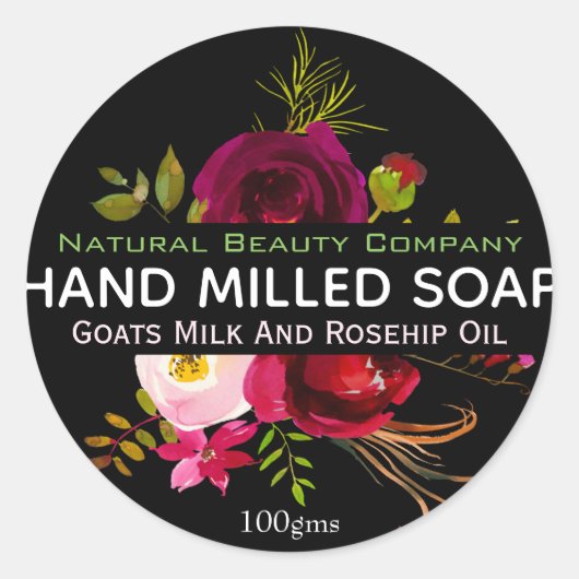 Eenvoudige zwarte bloemenhandgemaakte zeepetikette ronde sticker (Voorkant)