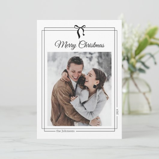 Eenvoudige zwarte boog minimalistische kerstfoto feestdagenkaart (Staand voorkant)