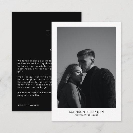 Eenvoudige zwarte bruiloft dank u kaart met foto (Voorkant / Achterkant)