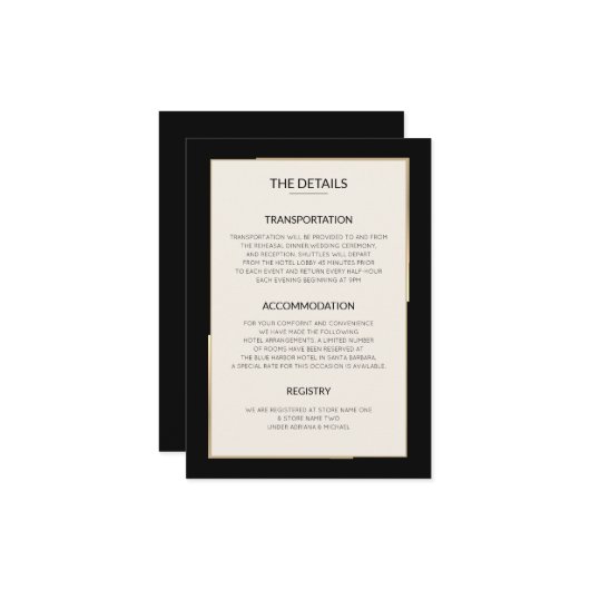 Eenvoudige zwarte bruiloft details behuizing Kaart (Voorkant / Achterkant in situ)