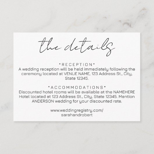 Eenvoudige zwarte bruiloft details informatiekaartje (Voorkant)