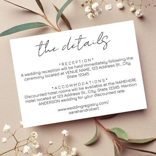 Eenvoudige zwarte bruiloft details informatiekaartje