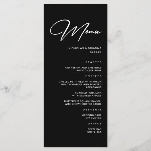 Eenvoudige zwarte bruiloft menu (Voorkant)