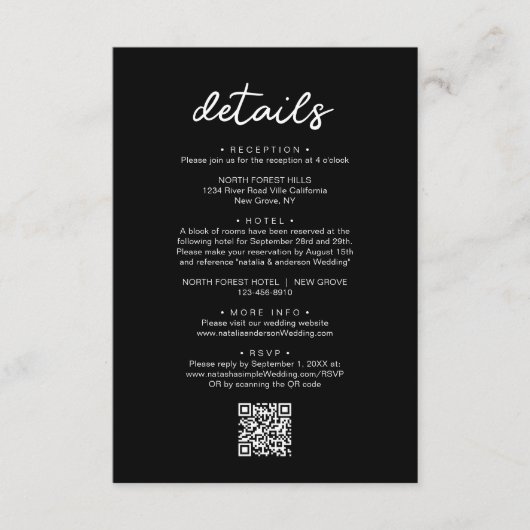 Eenvoudige zwarte chic script QR-code huwelijksdet Informatiekaartje (Voorkant)