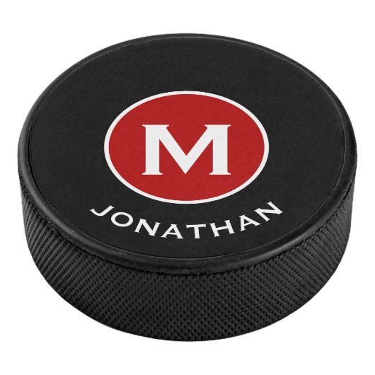 Eenvoudige zwarte Classic Red Monogram naam Hockey Puck (3/4)