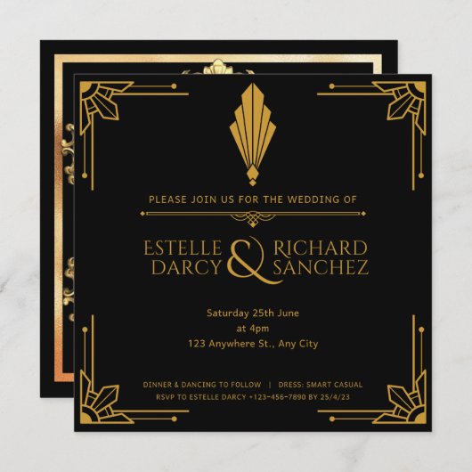 Eenvoudige zwarte en goudbruidskaart kaart (Voorkant / Achterkant)