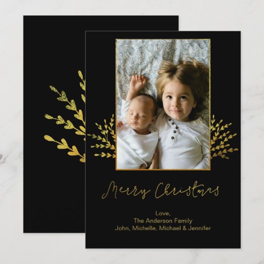 Eenvoudige zwarte en gouden kerstfoto feestdagenkaart (Voorkant / Achterkant)