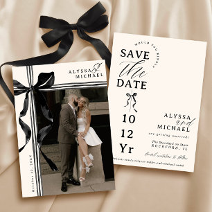 Eenvoudige Zwarte en Ivoren Strik Elegante Foto Hu Save The Date