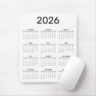 Eenvoudige zwarte en witte 2026 kalender muismat