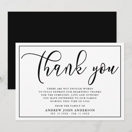 Eenvoudige zwarte en witte begrafenis Hartelijk da Bedankkaart (Voorkant / Achterkant)