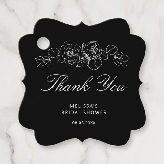 Eenvoudige zwarte en witte bloem bruidsdouche bedankjes labels (Voorkant)