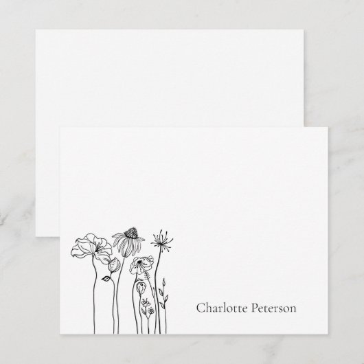 Eenvoudige zwarte en witte bloem notitiekaartje (Voorkant / Achterkant)