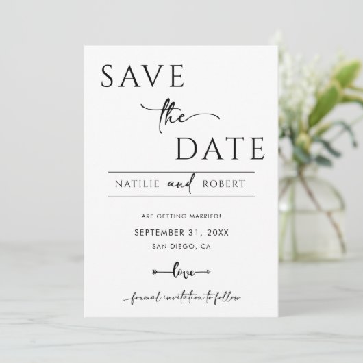 Eenvoudige zwarte en witte bruiloft bespaart de da kaart (Staand voorkant)