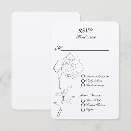 Eenvoudige zwarte en witte jasmijnsteel RSVP kaartje (Voorkant / Achterkant)