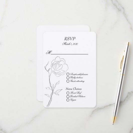 Eenvoudige zwarte en witte jasmijnsteel RSVP kaartje (Voorkant / Achterkant in situ)