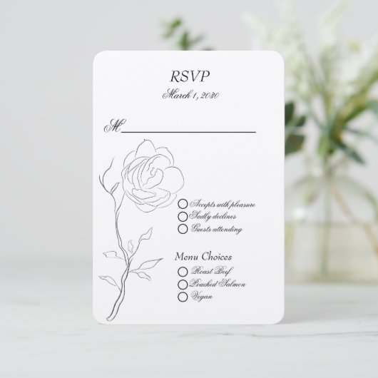 Eenvoudige zwarte en witte jasmijnsteel RSVP kaartje (Staand voorkant)