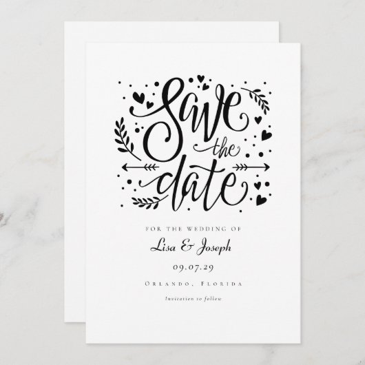 Eenvoudige Zwarte en Witte Landelijke Script Save Kaart (Voorkant / Achterkant)