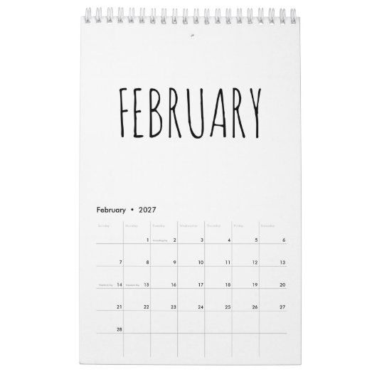 Eenvoudige Zwarte en Witte Script Calligrafie Kalender (Feb 2027)