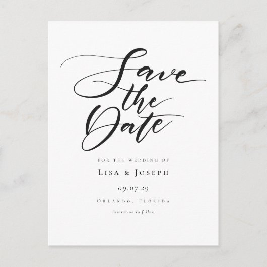 Eenvoudige Zwarte en Witte Script Save the Date Briefkaart (Voorkant)