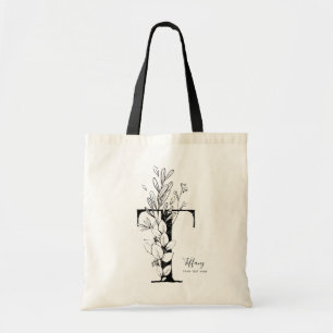 Eenvoudige zwarte en witte T rustige floral Tote Bag