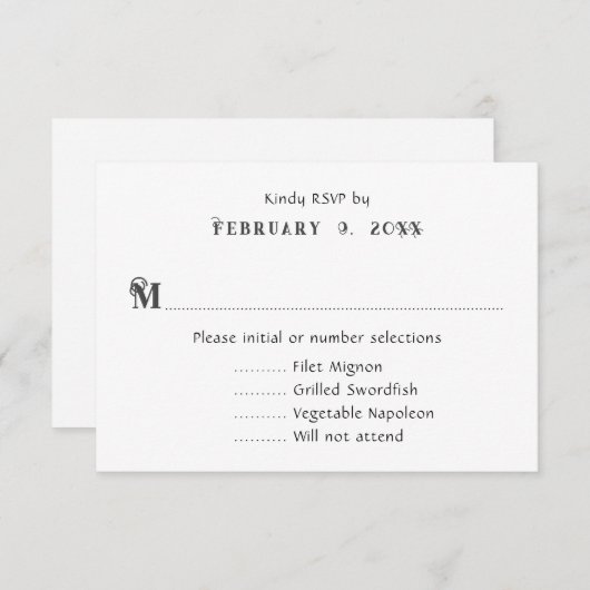 Eenvoudige zwarte en witte trouwmenu antwoordkaart RSVP kaartje (Voorkant / Achterkant)