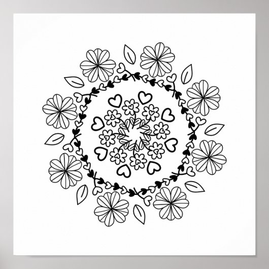 Eenvoudige zwarte florale mandala tegen een witte  poster (Voorkant)