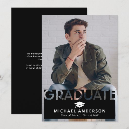 Eenvoudige zwarte foto afstuderen aankondiging (Voorkant / Achterkant)