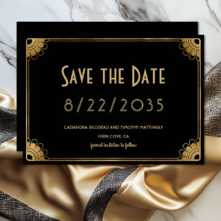 Eenvoudige zwarte goud art deco trouwkaart 'Save t Save The Date