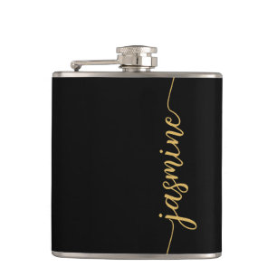Eenvoudige Zwarte Gouden Meisjesnaam Monogram Hand Heupfles