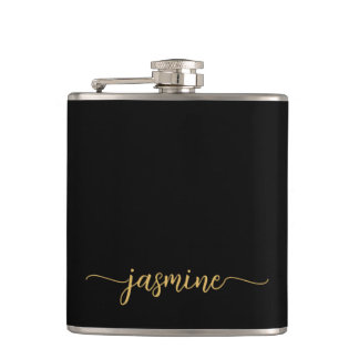 Eenvoudige Zwarte Gouden Meisjesnaam Monogram Hand Heupfles