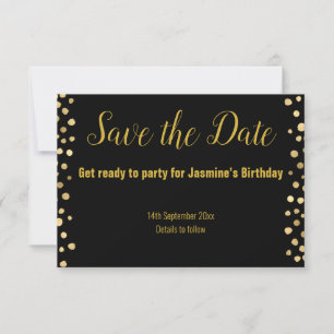 EENVOUDIGE ZWARTE GOUDEN STIP SAVE THE DATE RSVP KAARTJE