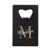 Eenvoudige zwarte goudmonogram Elegant Script Name Creditkaart Flessenopener (Voorkant)