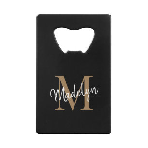 Eenvoudige zwarte goudmonogram Elegant Script Name Creditkaart Flessenopener