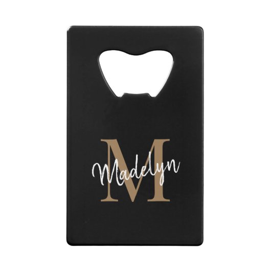 Eenvoudige zwarte goudmonogram Elegant Script Name Creditkaart Flessenopener (Voorkant)