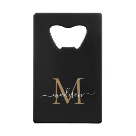Eenvoudige zwarte goudmonogram Elegant Script Name Creditkaart Flessenopener