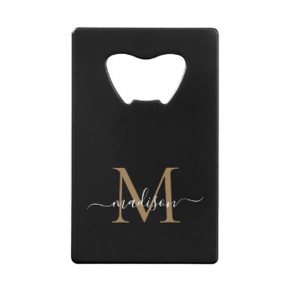 Eenvoudige zwarte goudmonogram Elegant Script Name Creditkaart Flessenopener