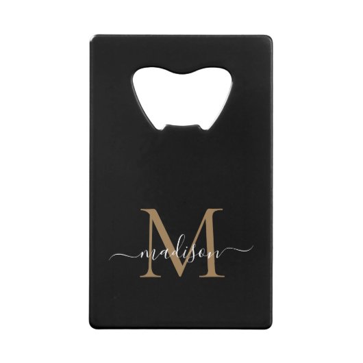 Eenvoudige zwarte goudmonogram Elegant Script Name Creditkaart Flessenopener (Voorkant)